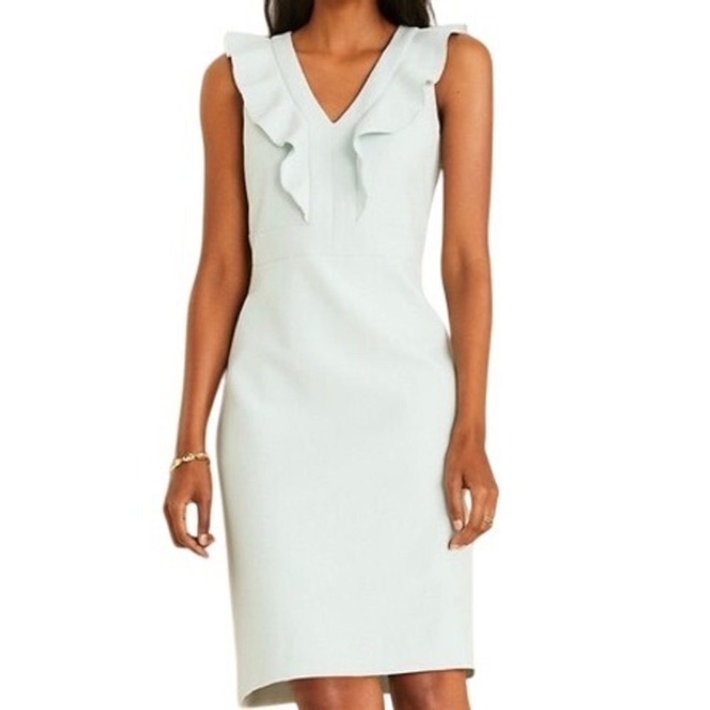 Ann Taylor Light Mint Ruffle V-Neck Sheath Dress